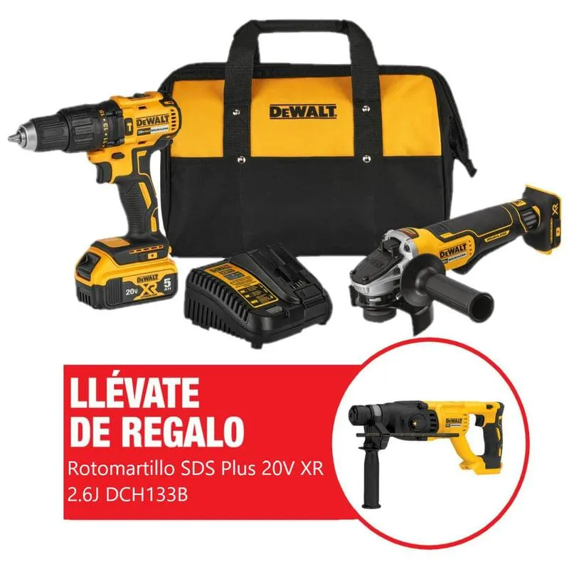 Kit taladro percutor 1/2" + esmeril angular 4 1/2" + batería 5Ah DCK248P1 + Regalo : rotomartillo SDS Plus 20V XR 2.6J Baretool DCH133B DeWALT