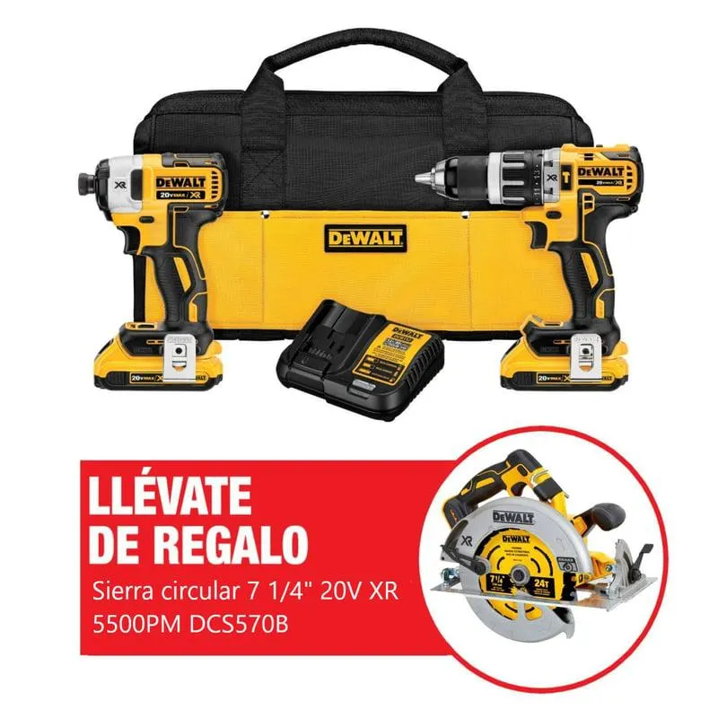 Kit Taladro Percutor 1/2" + Atornillador de Impacto 1/4" 20V XR DCK287D2 + Set de Puntas FlexTorq para Atornilladores 16 Piezas DT70522T-QZ DeWALT + Regalo: Sierra Circular 7 1/4" 20V XR 5500PM Baretool DCS570B
