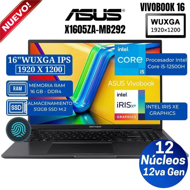 Laptop ASUS Vivobook X1605ZA-MB292 16" WUXGA IPS, Core i5-12500H, Ram 16GB, SSD 512GB, Free Dos