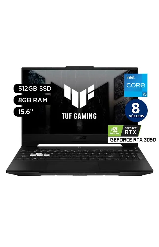 Laptop Gamer Asus TUF DASH F15 15.6" Windows 11 Intel Core i5 12a Gen 8 núcleos 8GB 512GB SSD NVIDIA RTX3050 FX517ZC-HN005W