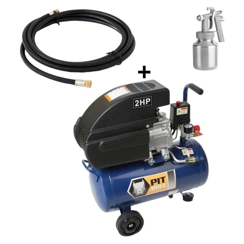 Combo Compresora de Aire 2 HP 24 Litros Pitbull + Manguera de Aire 1/4" x 5 m Haz Global + Pistola para pintar baja presión económica Arpex