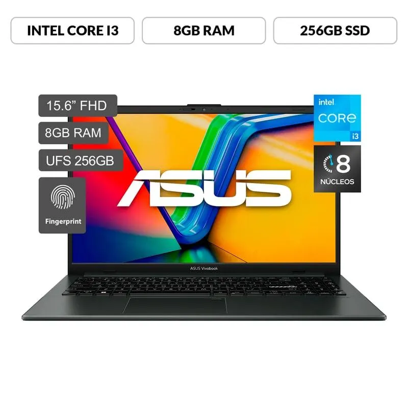 Laptop Asus Intel Core i3 de 8 núcleos 8GB 256GB SSD Vivobook Go 15 12° Gen 15.6" FHD