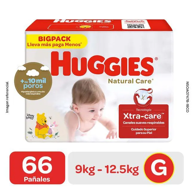 Pañales para Bebé HUGGIES Natural Care Talla G Paquete 66un