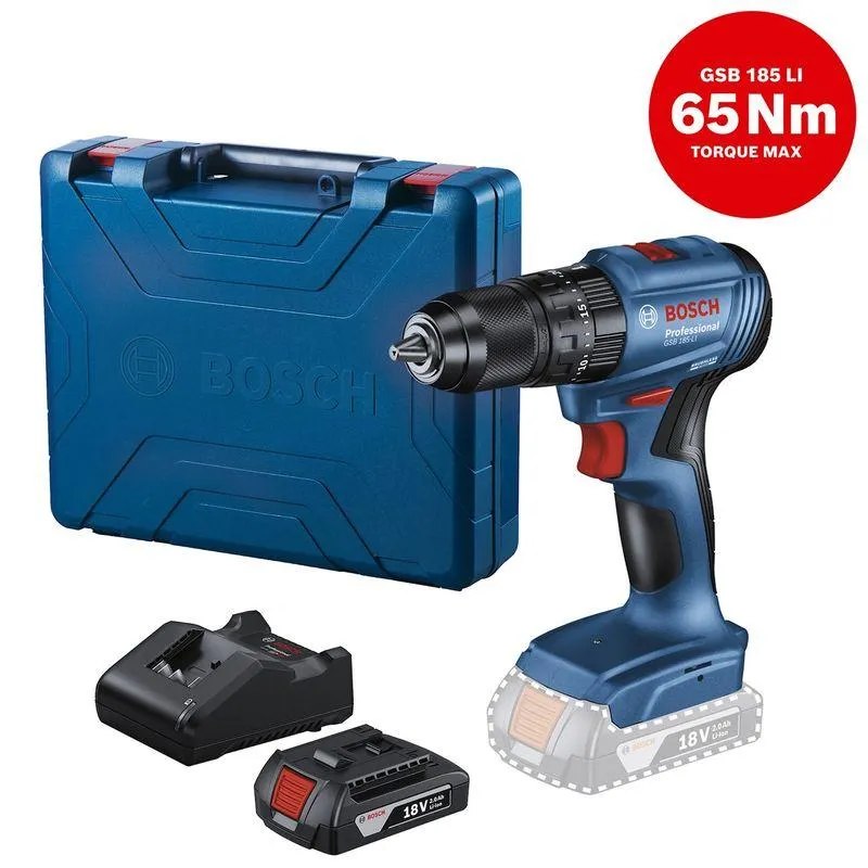 Taladro percutor Bosch GSB 185-LI 18V + 1 Batería 18V GBA 2.0Ah + Maletín de plástico