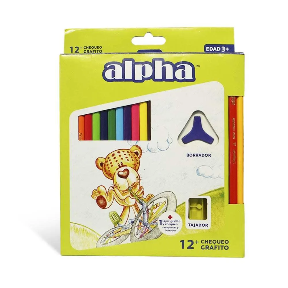 Colores Alpha Largos x12 + 1Lap Grafito + 1 Borrador + 1 Tajador C/Deposito + Chequeo