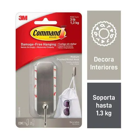 Gancho Decorativo 3M Command Mediano Acero Templado/Níquel Satinado