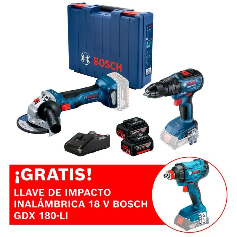 Amoladora inalámbrica 18V Bosch GWS 180-LI + Taladro Atornillador percutor Bosch GSB 18V-50 Brushless + ¡REGALO! Llave de impacto inalámbrica 18 V Bosch GDX 180-LI + 2 baterías