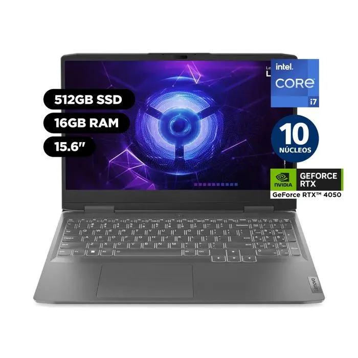 Laptop Gamer Lenovo LOQ 15.6" Intel Core i7 13a Gen 10 núcleos 16GB 512GB SSD NVIDIA RTX4050 82XV006ELM