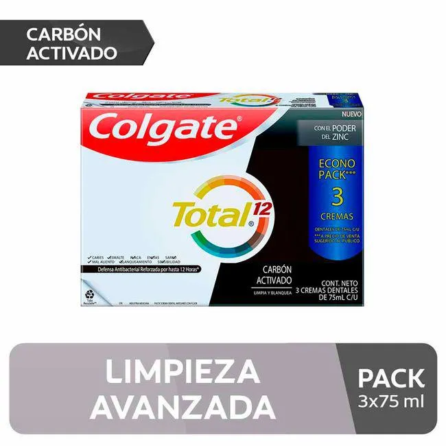 Pasta Dental COLGATE Total 12 Carbón Activado Paquete 3x75ml
