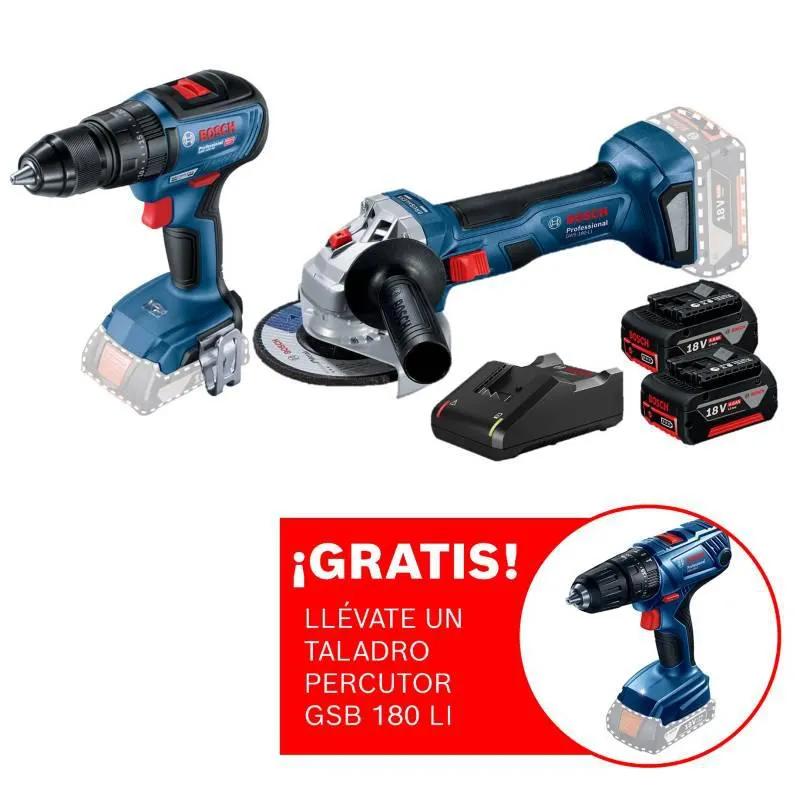 Amoladora inalámbrica 18V Bosch GWS 180-LI + Taladro Atornillador percutor Bosch GSB 18V-50 Brushless + 2 baterías + maletín plástico + Regalo: Taladro Atornillador Percutor Bosch GSB 180-LI
