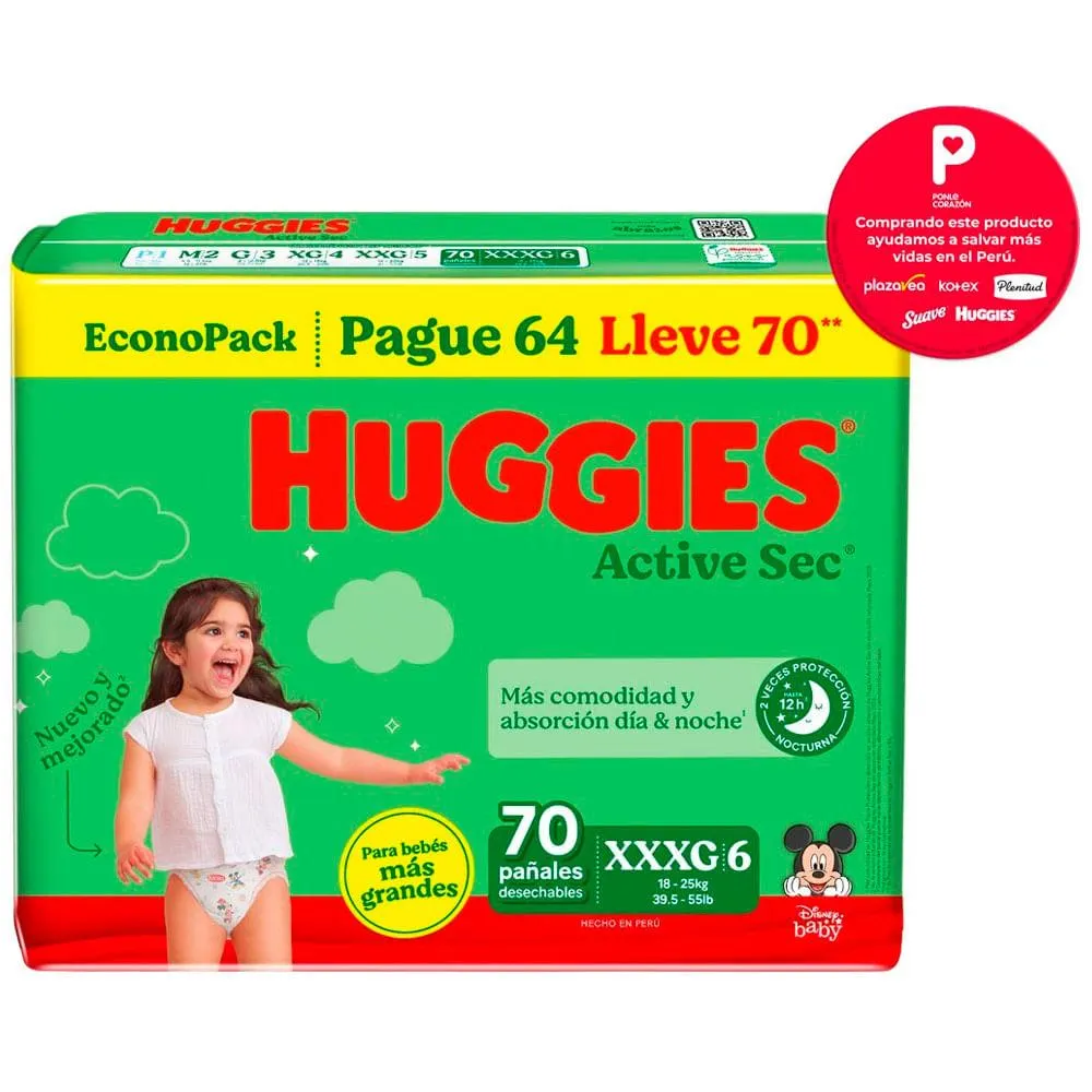 Pañales para Bebé HUGGIES Active Sec XXXG Paquete 70un