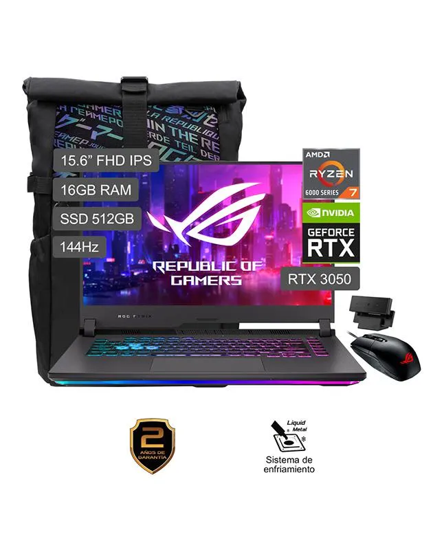 Laptop gamer ROG STRIX G15 15.6" Windows 11 AMD Ryzen 7 6800H 16GB 512GB SSD NVIDIA RTX3050 G513RC-HN097W