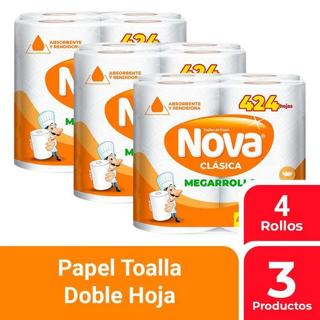 Pack Papel Toalla NOVA Clásica Mega Rollo Paquete 4un x 3un