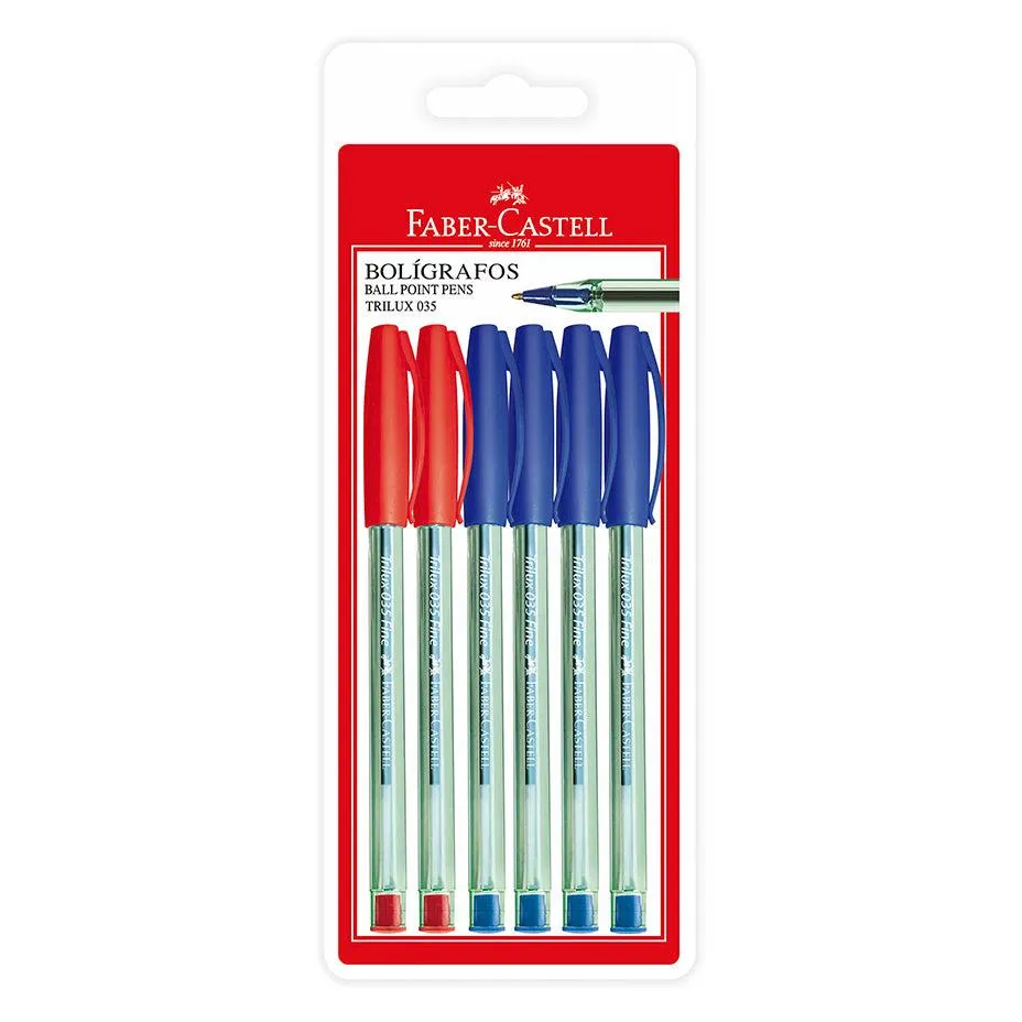 Bolígrafo Faber Castell Trilux Tinta Seca (035) Punta Fina 0.8Mm X6 4Azul+2Rojo Blister