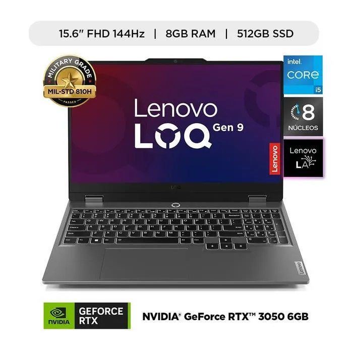 Laptop Gamer Lenovo LOQ Intel 15.6" Core i5-12450HX 8GB RAM 512GB SSD RTX 3050 6GB 144Hz