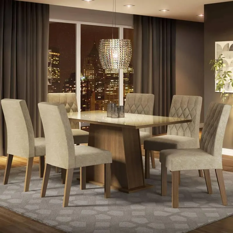 Juego de Comedor Stefani con 6 Sillas Tablero de Madera y Cristal