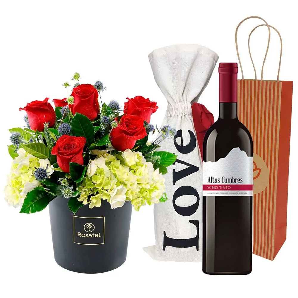 Arreglo Rosas y Vino Altas Cumbres