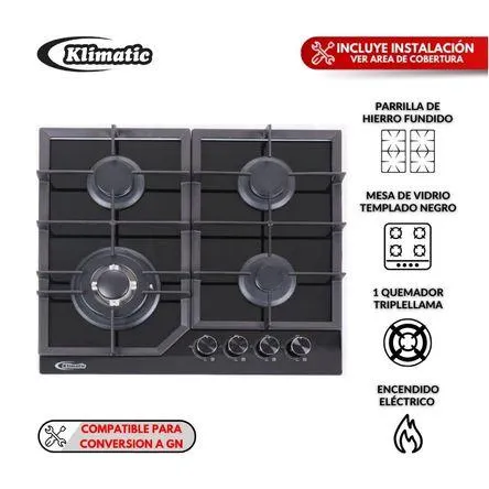 Cocina Empotrable Klimatic Aleesia 4 Hornillas a Gas Negro
