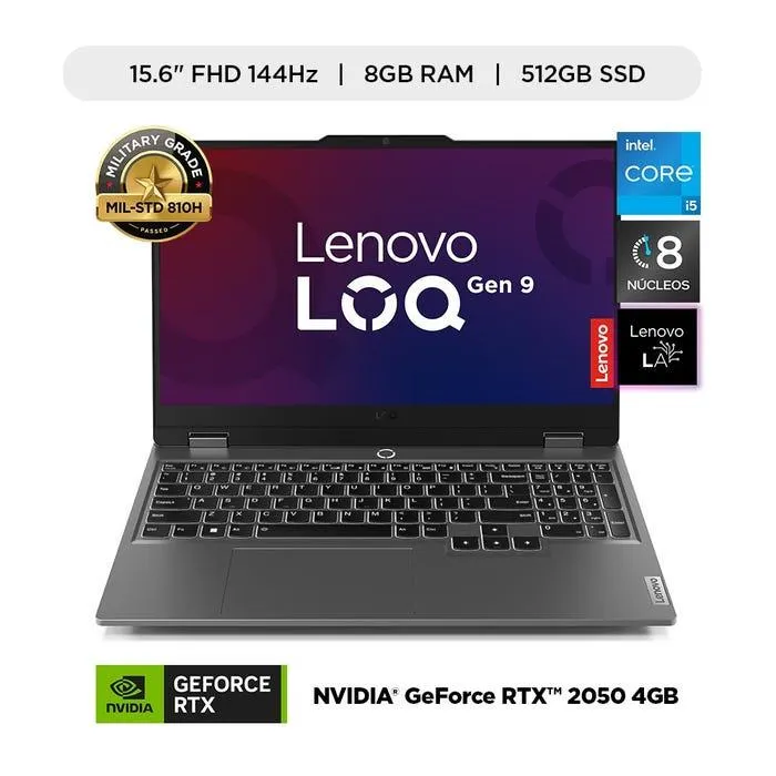 Laptop Gamer IA Lenovo LOQ 15.6" Intel Core i5 12450HX 8GB RAM 512GB SSD RTX 2050 4GB 144Hz