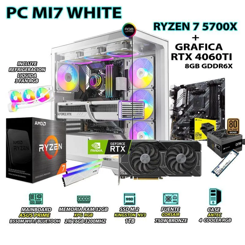 Computadora PC Gamer RYZEN 7 5700X RAM 32GB SSD 1TB GRAFICA ASUS RTX 4060TI 8GB
