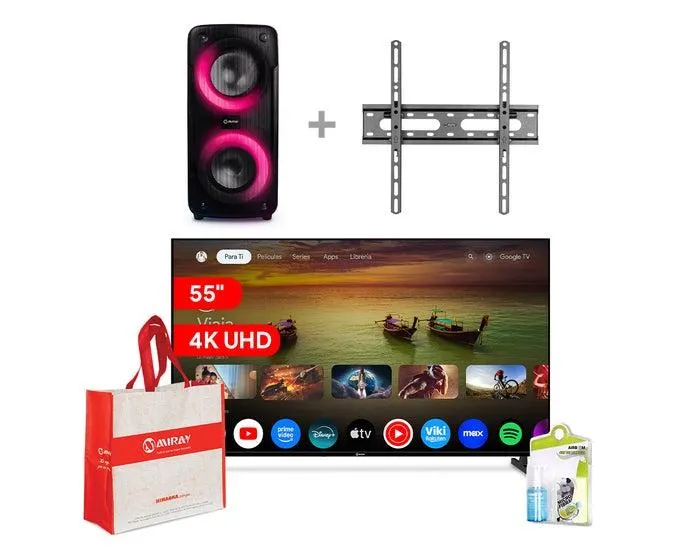 Televisor Miray LED 4K UHD Smart 55" MK55-E2000GBT + Soporte Fijo Miray SFM-32_70 + Parlante Portátil Miray PMBT-91 + Kit de Limpieza Airboom AB C5/120ml + Bolsa Miray BMM-74