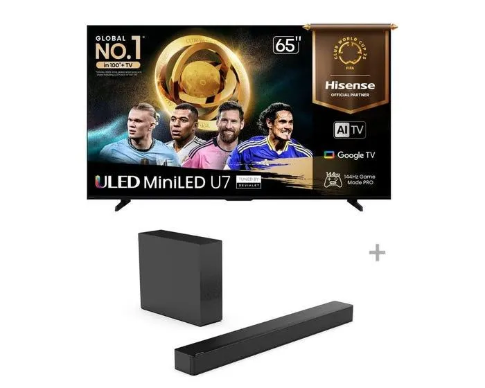 Televisor Hisense Smart TV 65" ULED MiniLED UHD 4K 65U7QG + Hisense Soundbar HS2100 2.1CH 240W