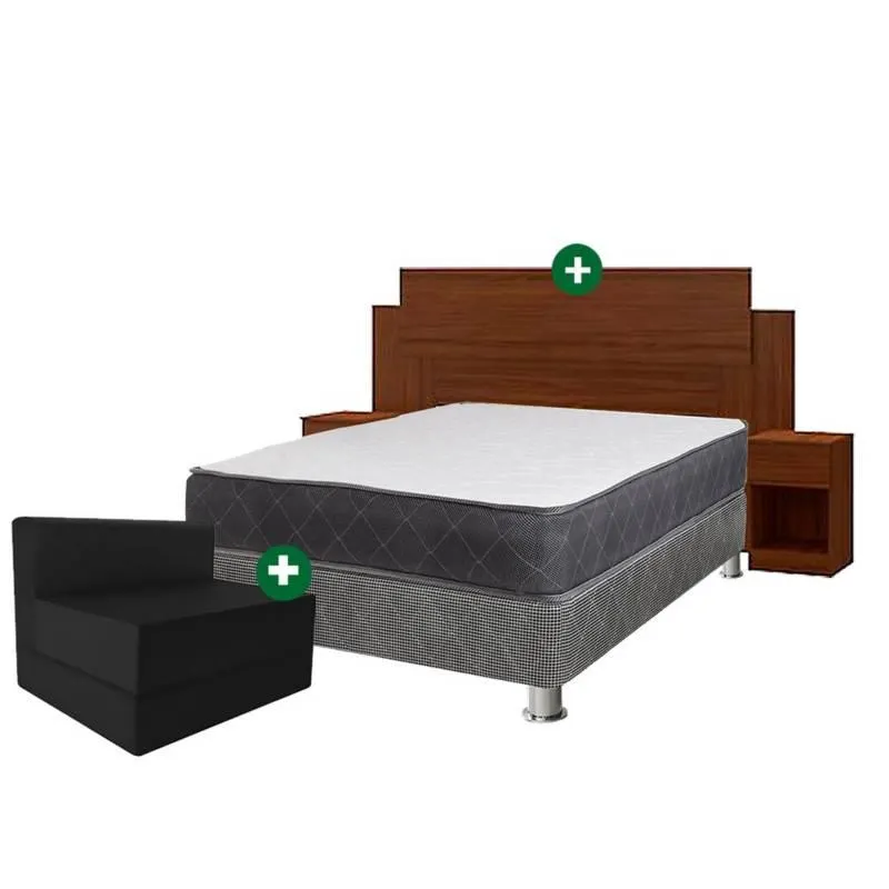 Combo Cama Samay Cacao 2 Plazas + Cabecera + 2 Veladores + Sofá Cama - Set de dormitorio