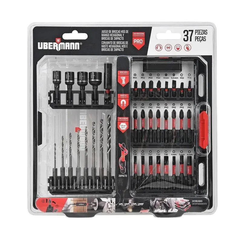 Set 37 Brocas HSS de Mango Hexagonal y Brocas de Impacto Ubermann