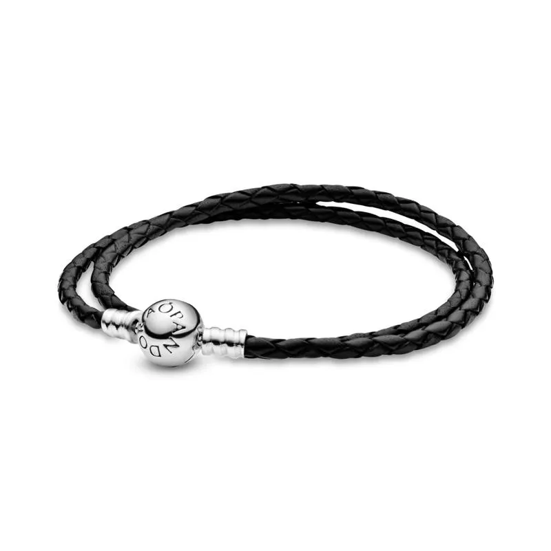 Brazalete doble de cuero negro Pandora Moments