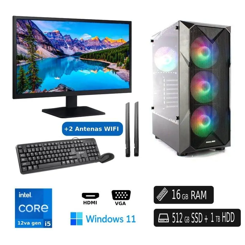 PC Completa Intel Ci5-12450 12va Gen 16GB Ram 512GB SSD 1TB HDD WIFI + Led 22