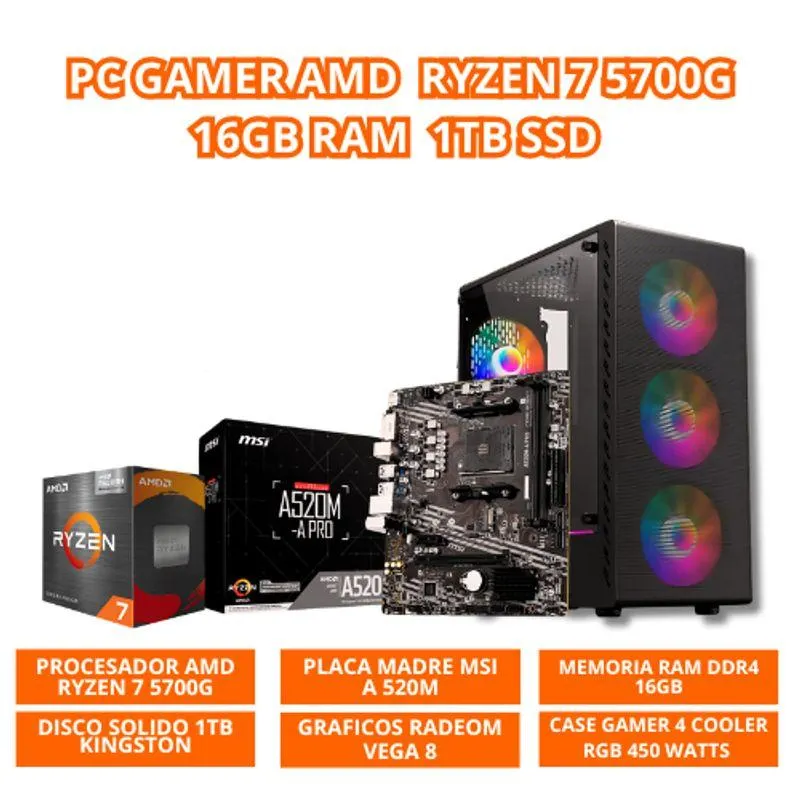 PC AMD RYZEN 7 5700G 16GB RAM 1TB SSD CON CASE GAMER