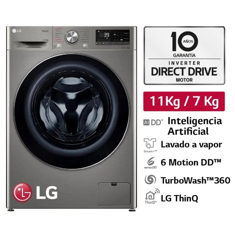 Lavaseca Wd11pvc3s6 11/7kg Ai Dd Inteligencia Artificial Carga Frontal Plateada Lg