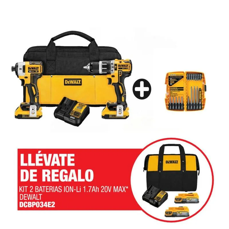 Kit Taladro Percutor Dewalt 1/2" 20V + Atornillador de Impacto Dewalt 1/4" 20V + Cargador + Regalo: Kit 2 Bat 1.7AH 20V + 1 Carg + Maletin de lona