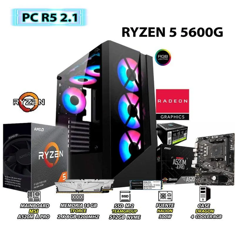 Computadora PC Ryzen 5 5600G RAM 16GB DISCO 500GB SSD CON GRAFICOS AMD RADEON