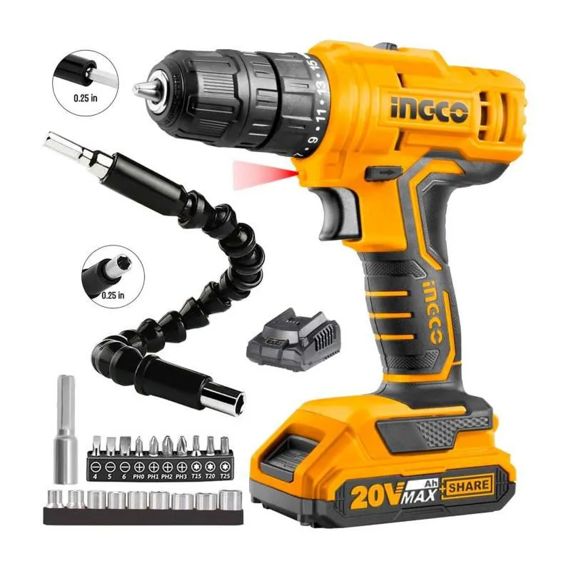 TALADRO ATORNILLADOR INALAMBRICO 20V INGCO + 21 ACCESORIOS
