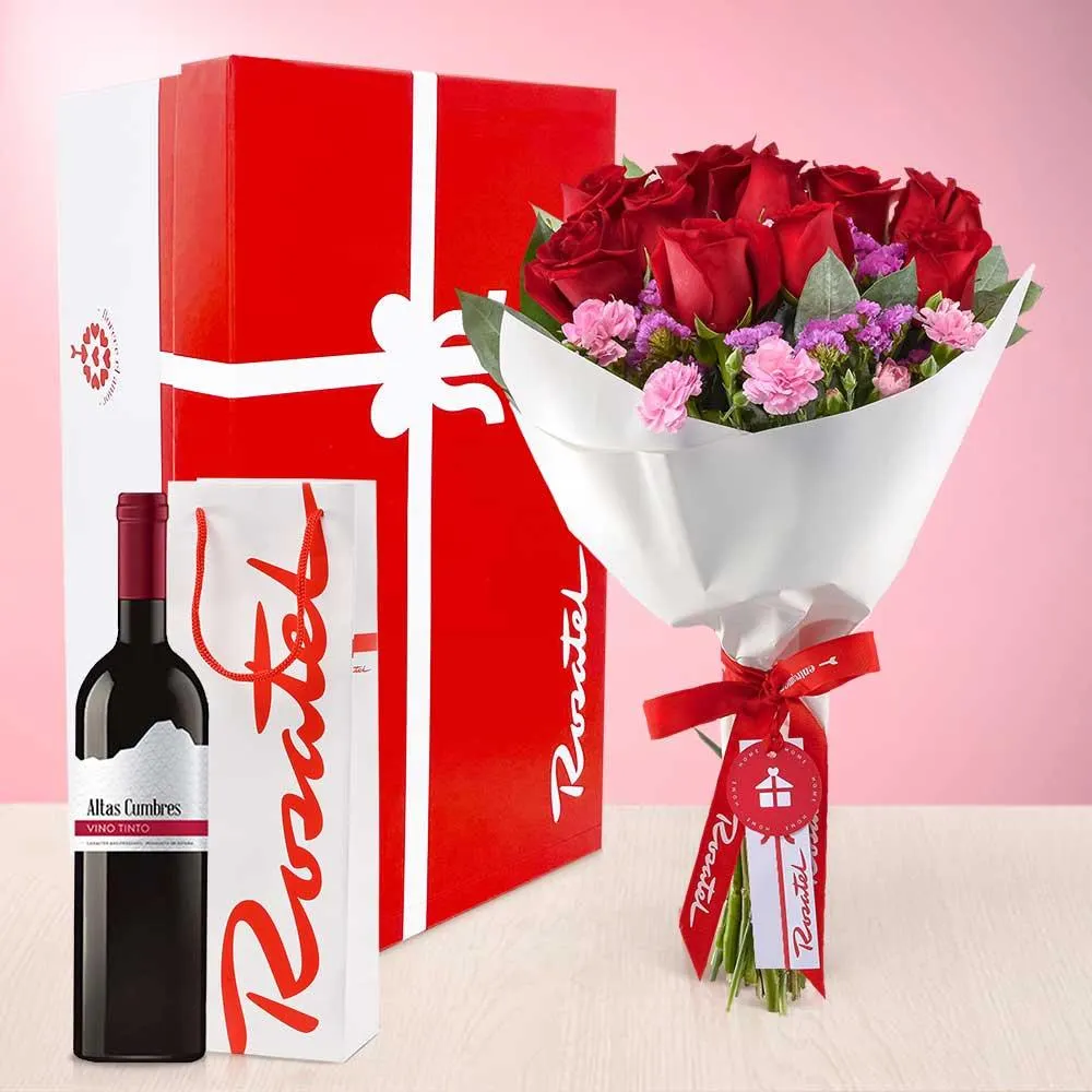 Ramo de Rosas y Vino Tinto