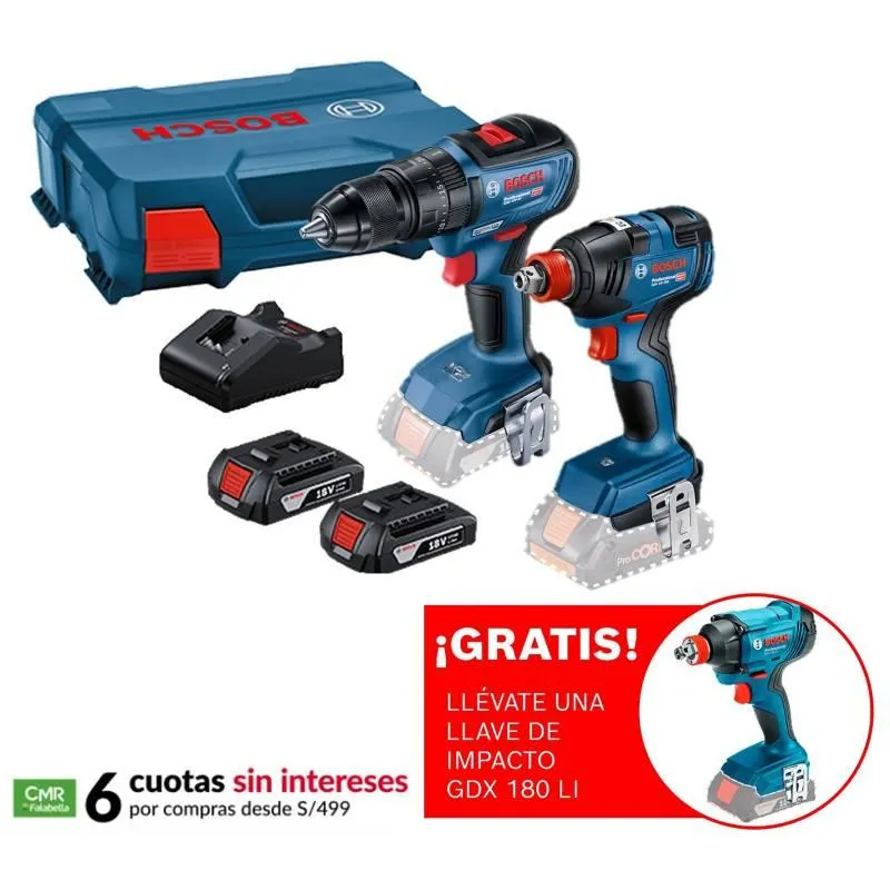 Taladro Atornillador Percutor Bosch Gsb 18V-50 + Llave De Impacto Inalámbrica ¼ Y ½" Bosch Gdx 18V-200 + 2 Baterías + Regalo: Llave De Impacto Inalámbrica 18 V Bosch Gdx 180-Li
