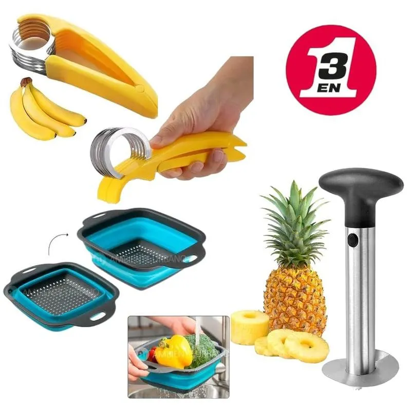 Combo 3 en 1 Cortador de Piña Platano y Colador Plegable