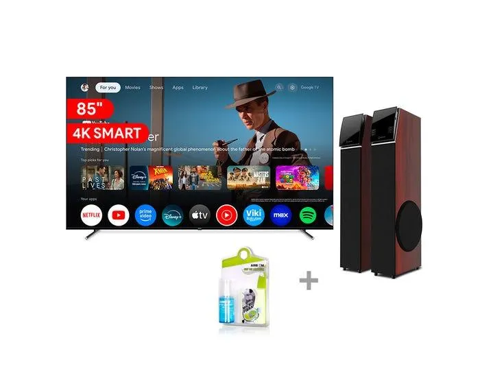 Televisor Miray Smart 4K 85" Qled MQ85-E2000GBT + Par de Parlantes Miray PTM-2081Bt + Kit de Limpieza Airboom AB C5/120ml