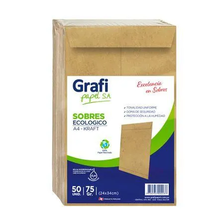 Sobre GRAFIPAPEL A4 kraft 75g paquete 50und