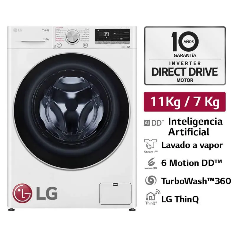 Lavaseca LG Carga Frontal Inteligencia Artificial 11/7Kg WD11WVC3S6 Blanco