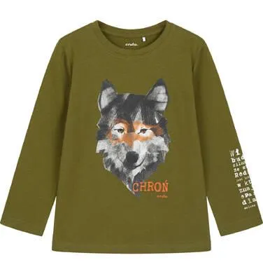 T-shirt z długim rękawem dla chłopca, z wilkiem, zielony 3-8 lat