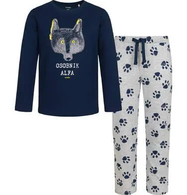 Piżama z długim rękawem dla chłopca, z wilkiem, granatowa 3-8 lat