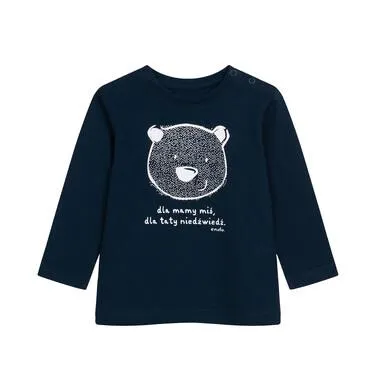 Bluzka z długim rękawem dla dziecka do 2 lat, z misiem, granatowa