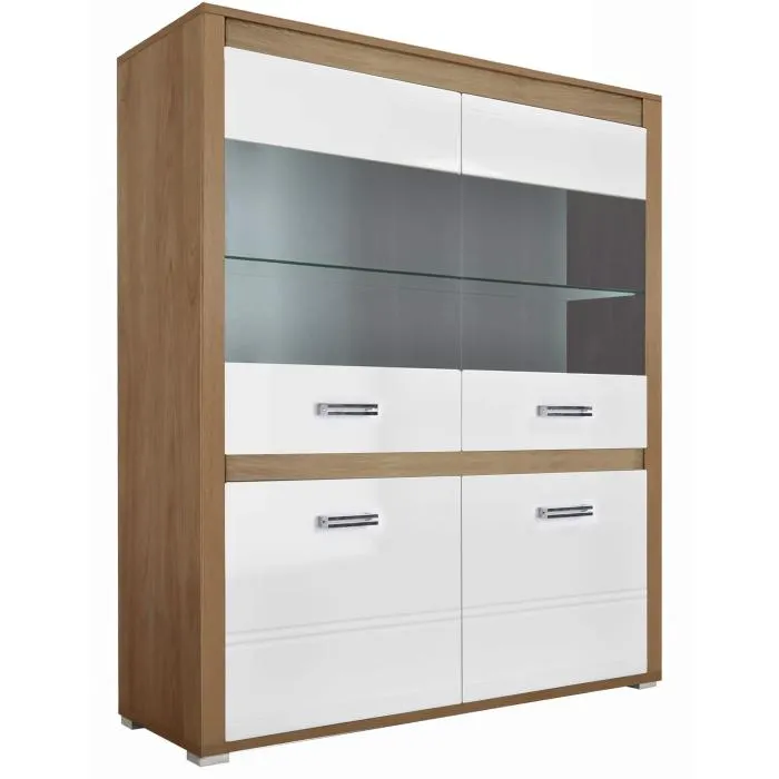 Biała komoda dwudrzwiowa z witryną 120cm hikora naturalna GRAND