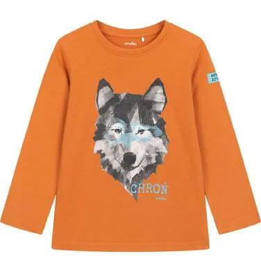 T-shirt z długim rękawem dla chłopca, z wilkiem, pomarańczowy 3-8 lat