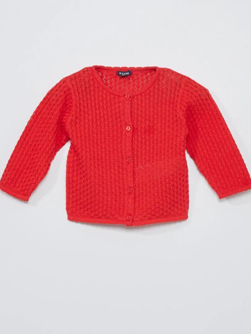 Gilet en maille côtelée et ajourée - rouge cerise