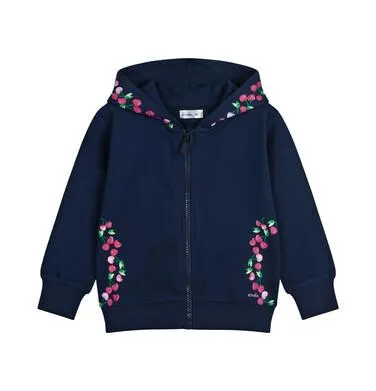 Rozpinana bluza z kapturem dla dziewczynki do 2 lat, z wiśniami, granatowa