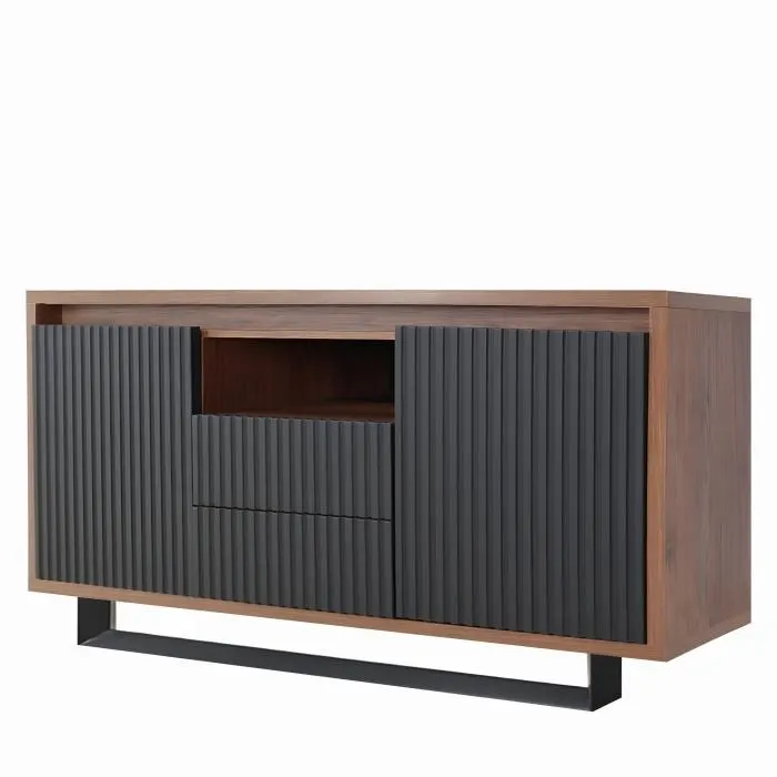 Nowoczesna komoda RTV MODERNO NEW 2D2S 151 cm orzech, czarne ryflowane fronty + LED