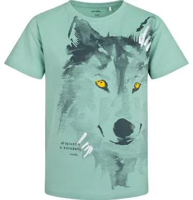 T-shirt z krótkim rękawem dla chłopca, z wilkiem, zielony 9-13 lat